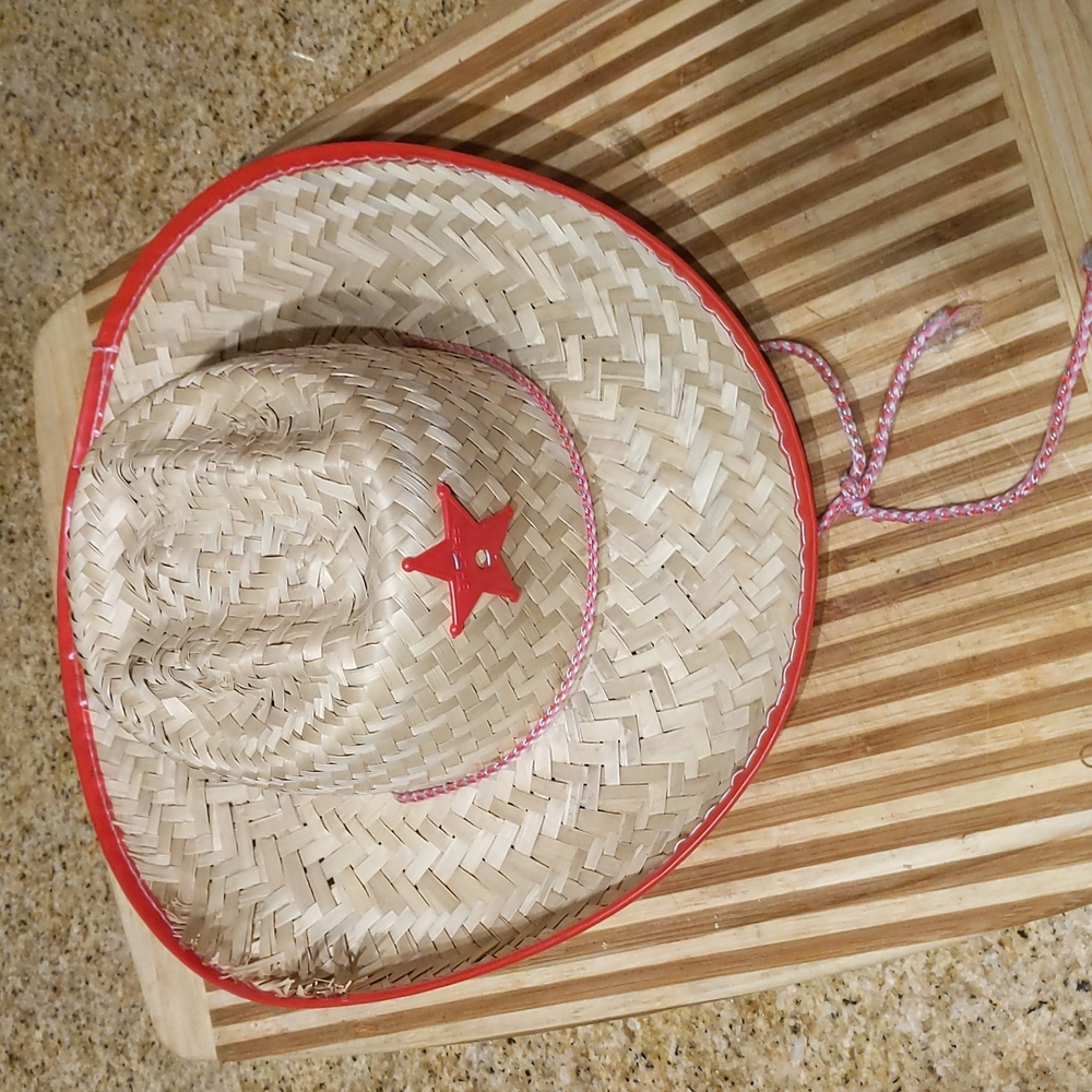 Red trimmed womens straw cowboy hat with chinstrap - Picture 4 of 4